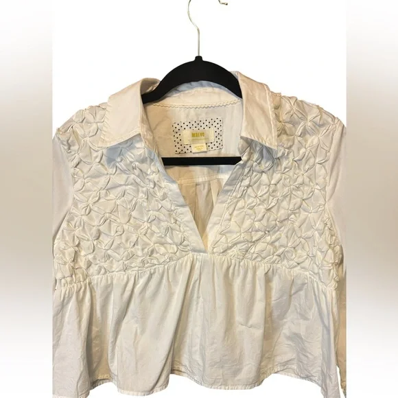 Maeve Smocked Babydoll Top Medium White Poplin Puff Sleeve Feminine Chic - Picture 8 of 10